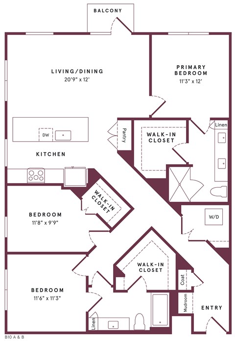 Floor plan for 3 beds, 2 baths, 1462 sqft
